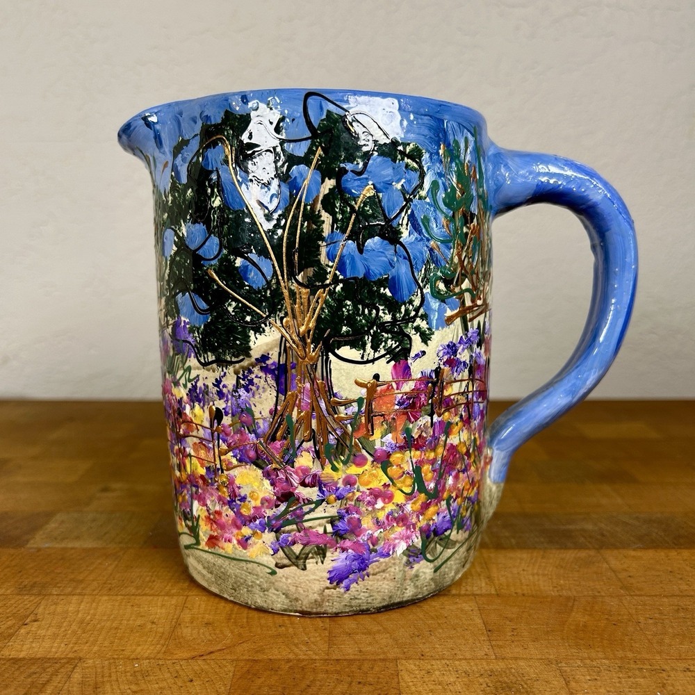 VTG  Handpainted Marshall Pottery Pitcher Signed Beth Sartin '96 Cottage 90s Art